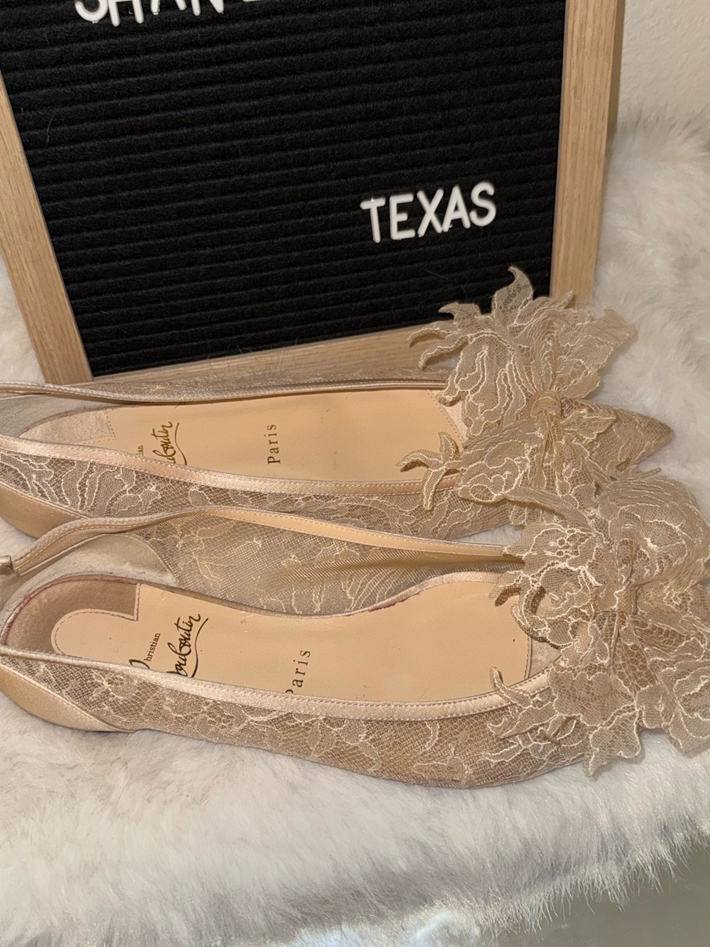 Christian Louboutin ivory satin Chantilly lace flats
